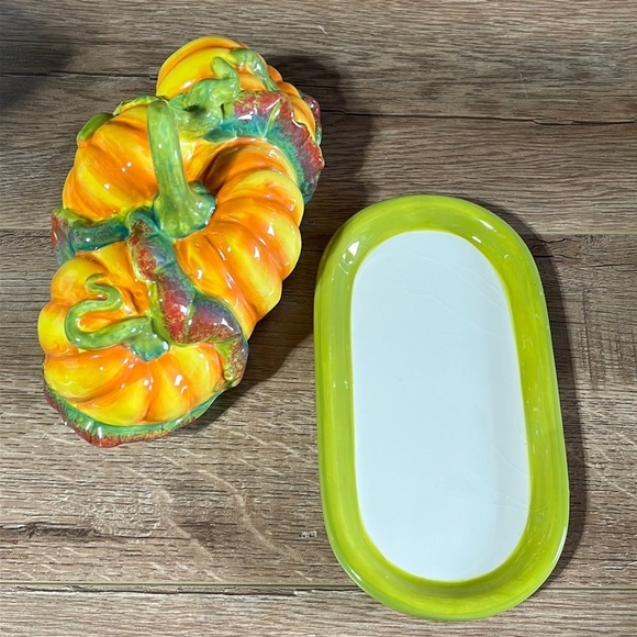 Vtg Essential Home Pumpkin Covered Butter Dish Ceramic Harvest Fall Thanksgiving - Picture 7 of 12